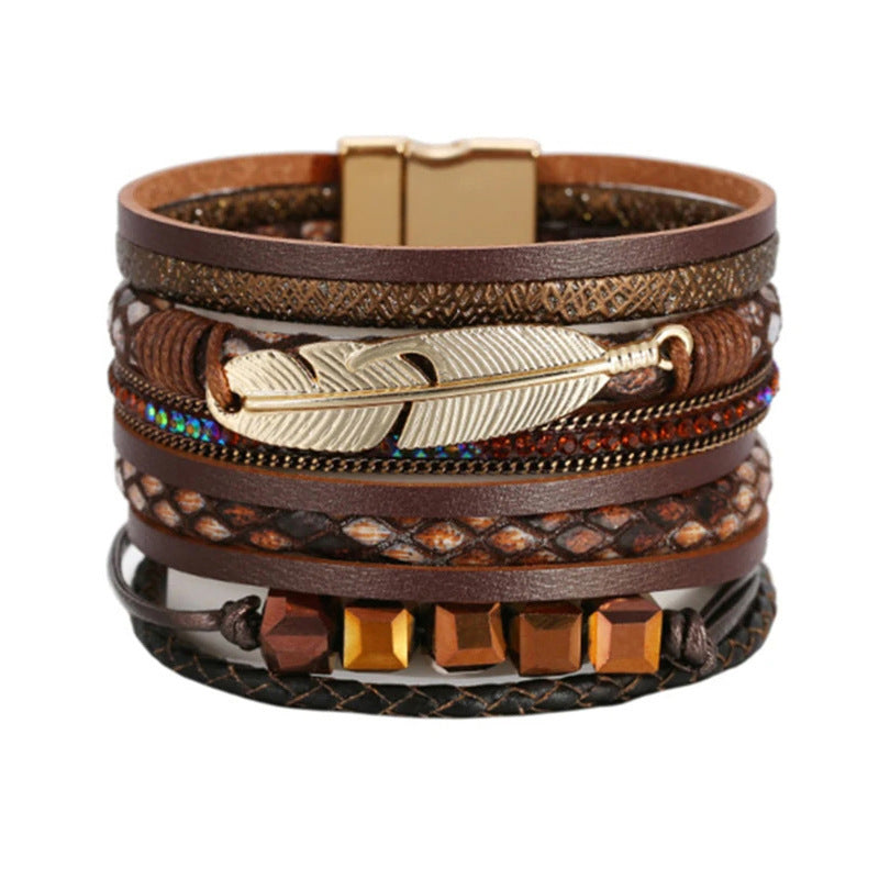 Square Crystal Bead String Leather Bracelet