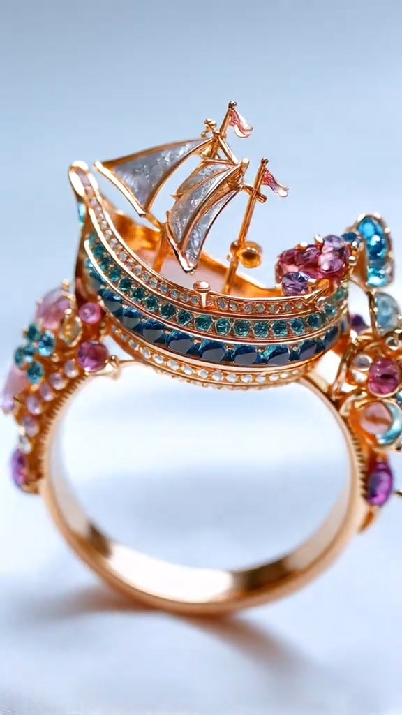 Luxurious Rose Gold Sailing Ship - Inspired Ring Embellished with Multicolored Gemstones