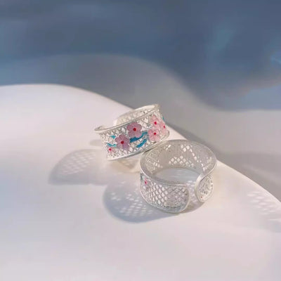 Enamel Hollow Plum Blossom Floral Ring