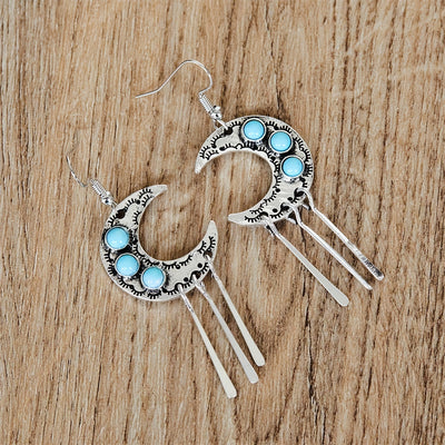 Boho Silvery Moon-Shaped Earrings with Synthetic Faux Gemstones and Tassel Pendant