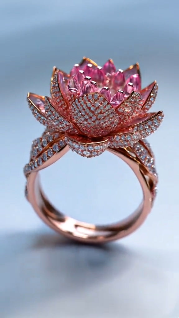 Glamorous 14K Rose Gold Ring with Exquisite Pink Lotus Design, Pink Sapphire Center and Diamond Embellishments