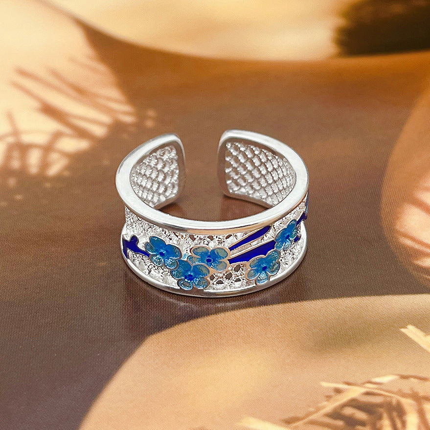 Enamel Hollow Blue Peach Blossom Ring