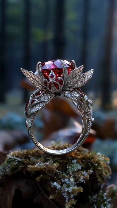 Enchanting Mystical Forest - Inspired Sterling Silver Ring with Ruby Centerpiece
