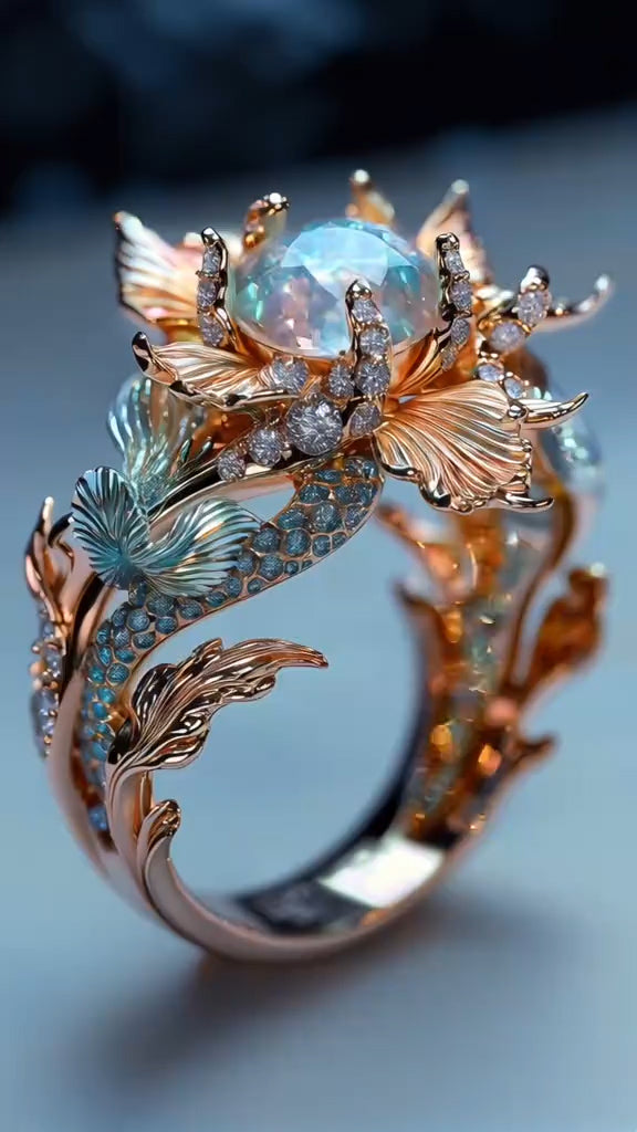 Enchanting Mermaid - Inspired Rose Gold Ring with Iridescent Gemstone and Sparkling Diamonds