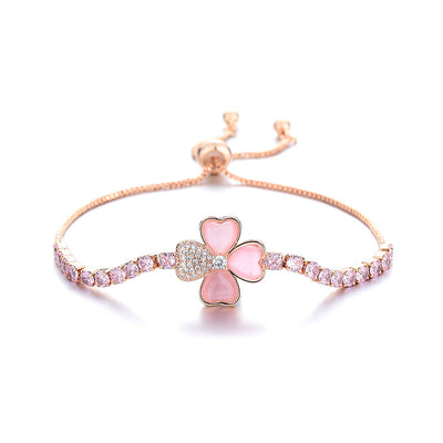 Cat's Eye Stone Clover Pink Diamond Bracelet