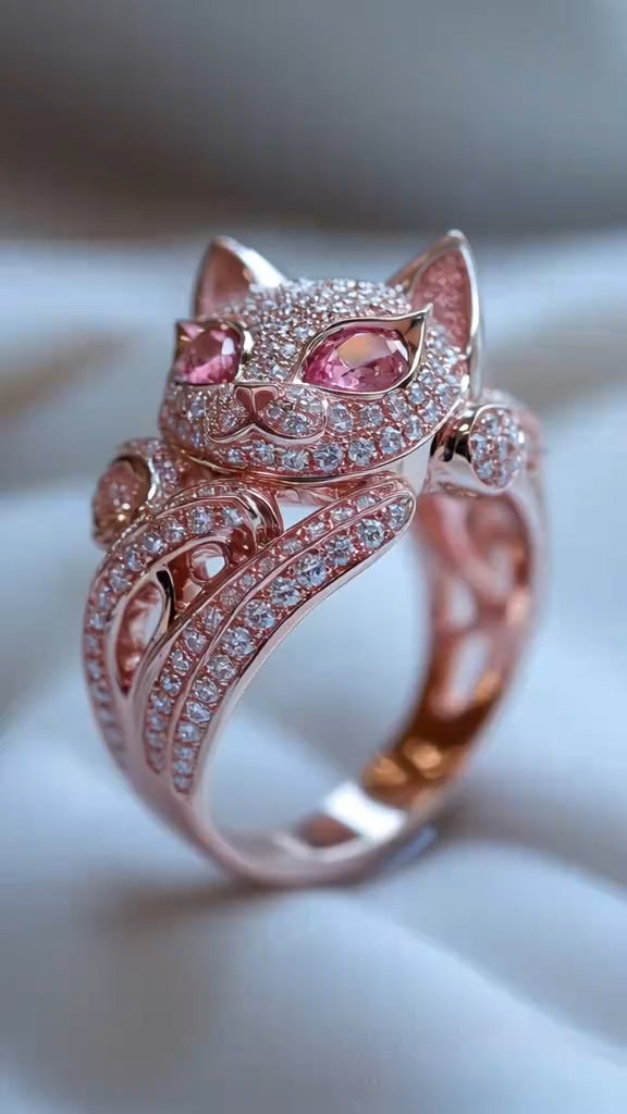 Charming Rose Gold Cat - Shaped Ring with Pink Gemstones and Diamonds