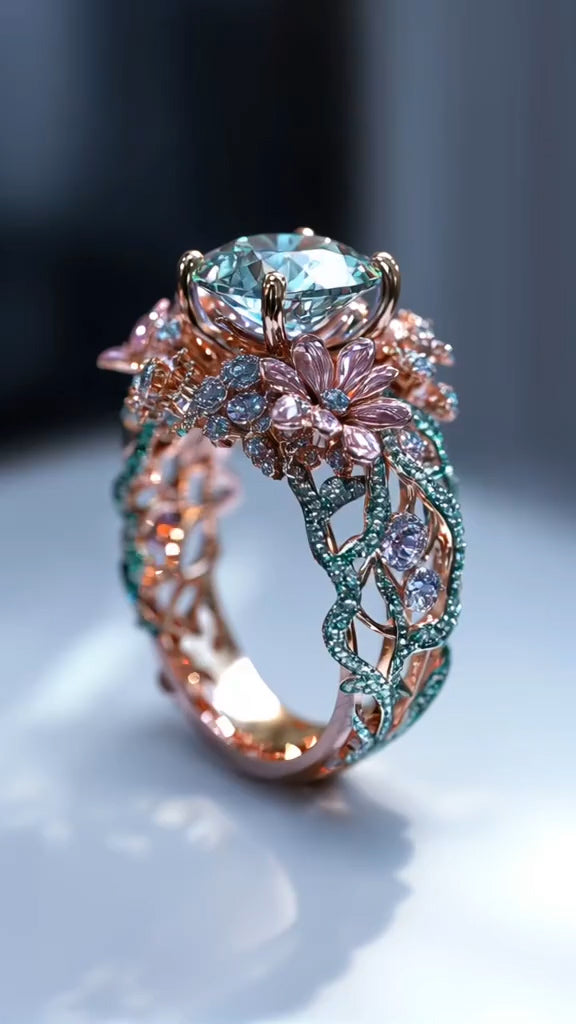 Enchanting Floral - Inspired Rose Gold Ring with Aquamarine Centerpiece and Gemstone Accents