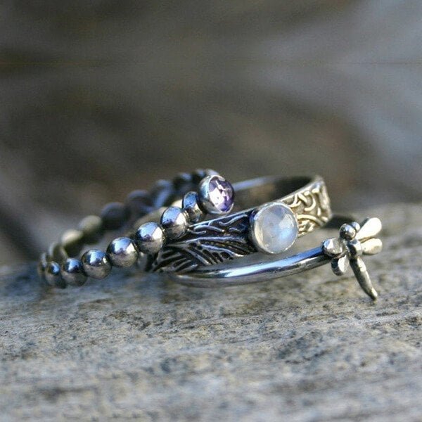 🔥Last Day 49% OFF🎁Dragonfly Inlaid Gemstone Three-piece Stacking Ring