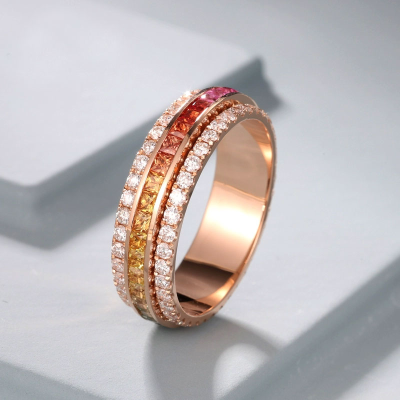 Handmade Classic Rainbow Turnable Ring in 14K Gold with Colored Zirconia