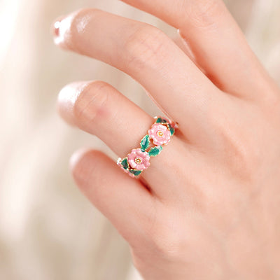 French Enamel Pink Camellia Forest  Ring