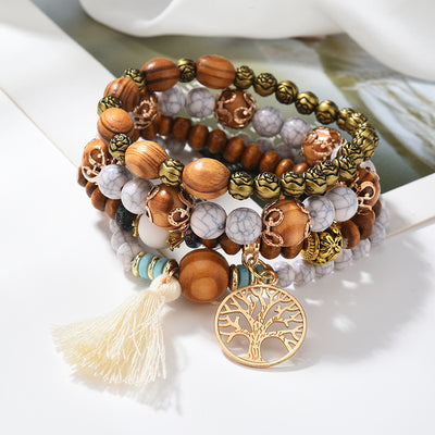 Wooden Handmade Life Tree Beaded Tassel Multi-layer Bracelet