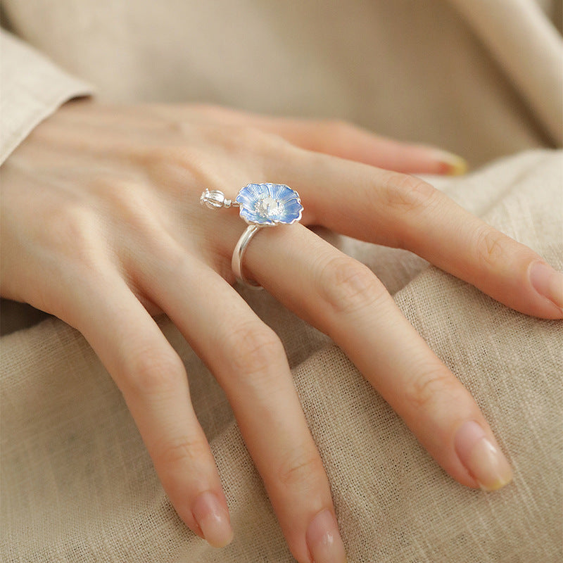 Blue Flowers White Moonlight Ring