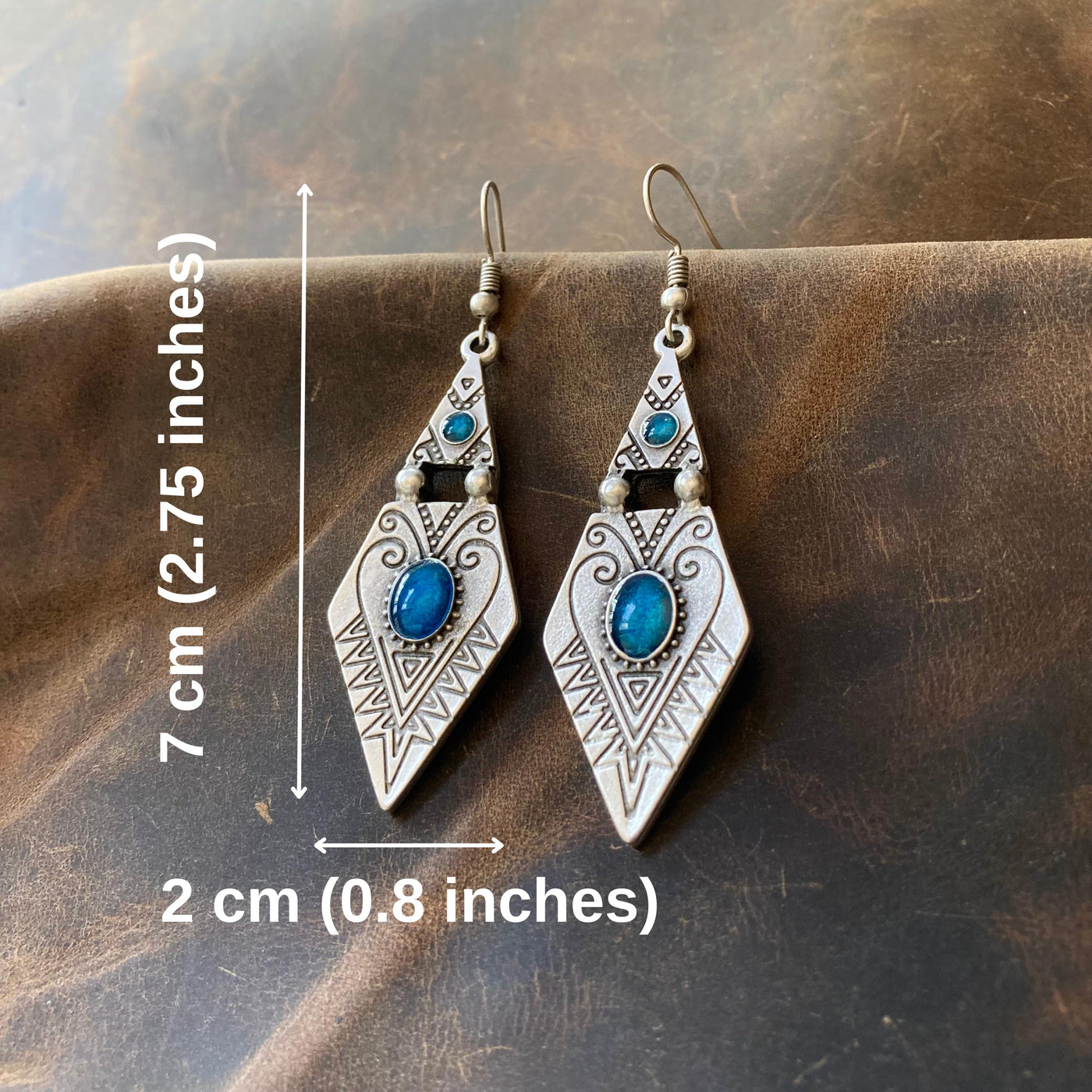 Vintage Boho Silver Dangle Earrings with Blue Enamel, Tribal Arrowhead Shape with Engraved Patterns