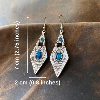 Vintage Boho Silver Dangle Earrings with Blue Enamel, Tribal Arrowhead Shape with Engraved Patterns