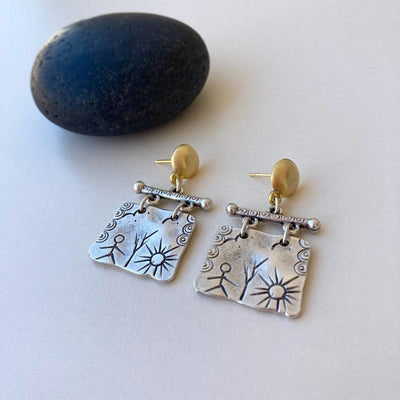 Ancient Petroglyph Pattern Shamanic Boho Dangle Earrings