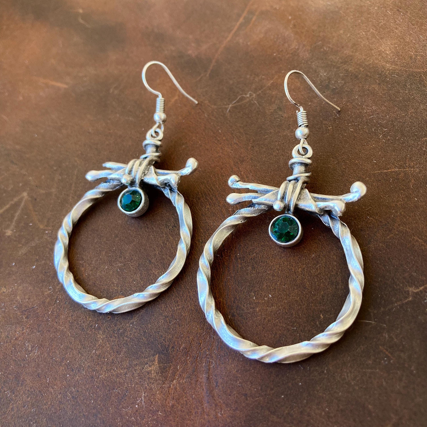 Vintage Boho Gothic Silver Twisted Hoop Statement Earrings with Dark Green Zircon