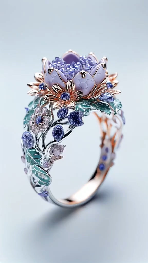 Enchanting Lotus - Floral Motif Multicolored Gemstone Ring in Rose Gold and Silver