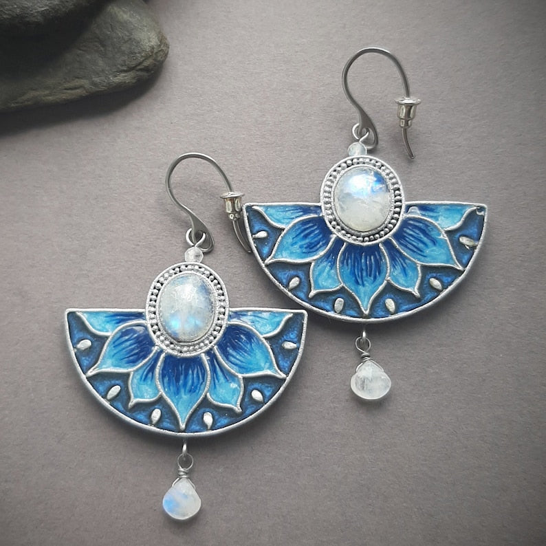 Blue Moonstone Lotus large fan-shaped Earrings