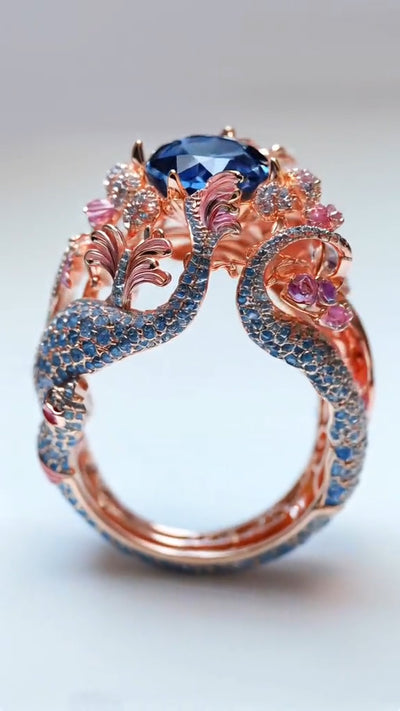 Exquisite Mermaid - Themed 14K Rose Gold Ring with Stunning Blue Sapphire