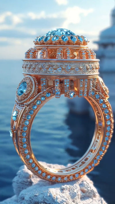 Magnificent Gold - Plated Ring with Elaborate Blue Gemstone Inlay, Inspired by Architectural