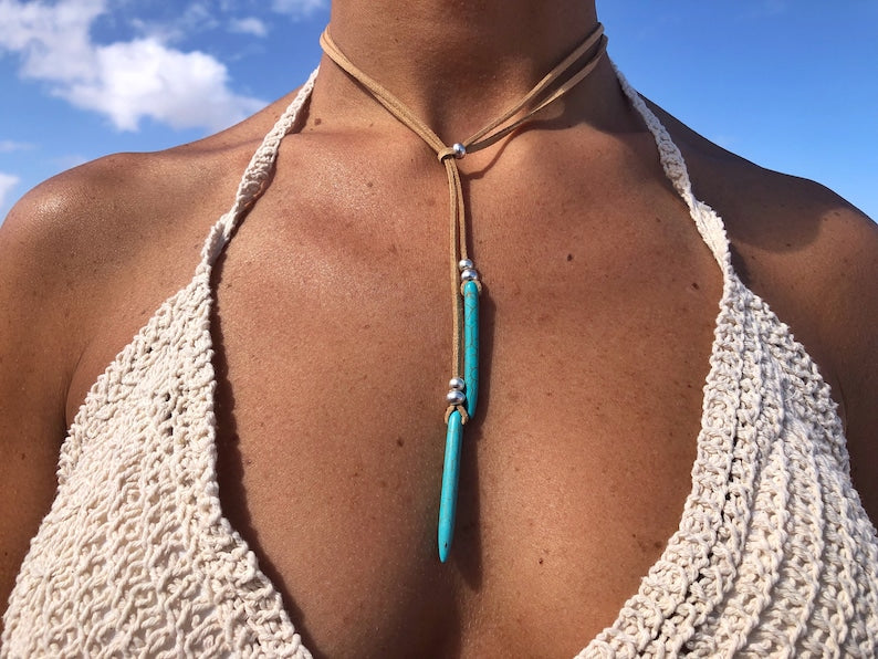 Vintage Handmade Bohemian  Turquoise Leather Necklace
