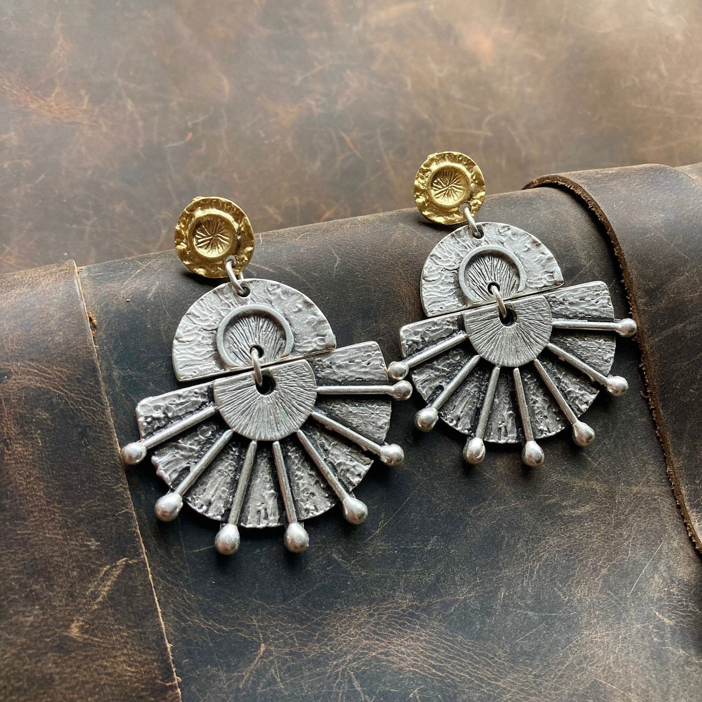 Vintage Boho Anatolian Hammered Ethnic Dangle Gold Antique Silver Earrings