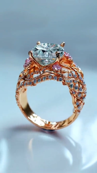 Elegant Rose Gold Ring with Aquamarine Center Stone and Pink Gemstone Accents