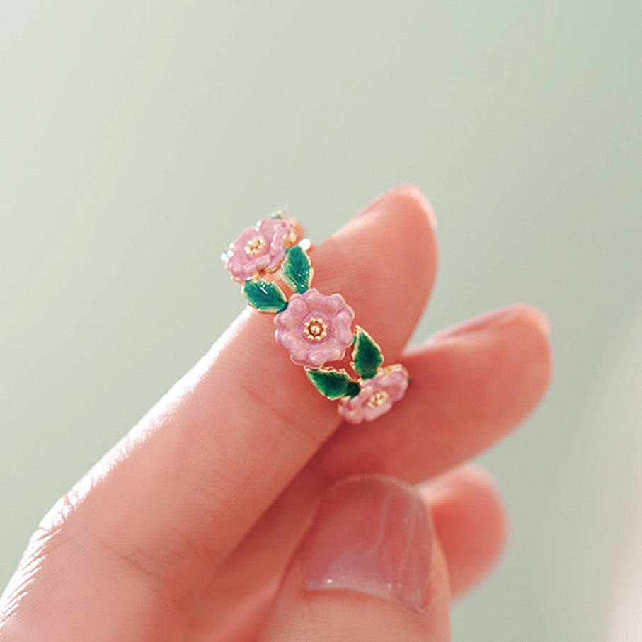 French Enamel Pink Camellia Forest  Ring