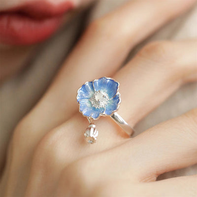 Blue Flowers White Moonlight Ring