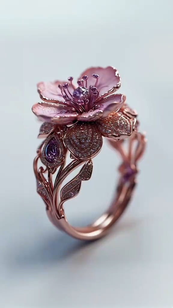 Exquisite Rose - Gold Ring with Amethyst - Embellished Flower Design