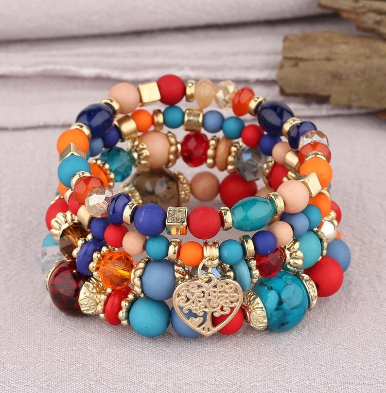 New Bohemian Ethnic Style Crystal Peach Heart Multi Layer Bracelet With Hollow Beads For Women