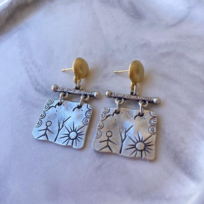 Ancient Petroglyph Pattern Shamanic Boho Dangle Earrings