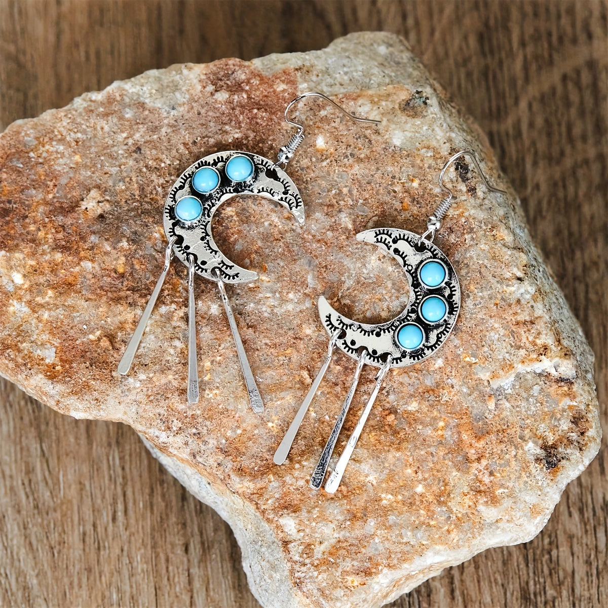 Boho Silvery Moon-Shaped Earrings with Synthetic Faux Gemstones and Tassel Pendant