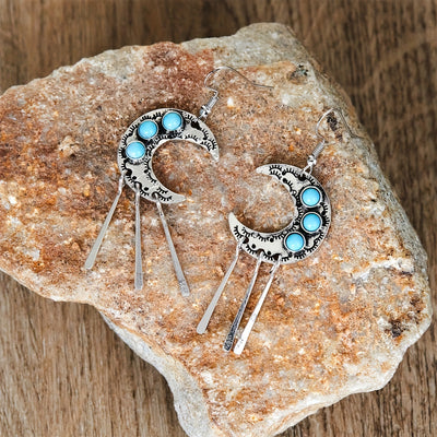 Boho Silvery Moon-Shaped Earrings with Synthetic Faux Gemstones and Tassel Pendant