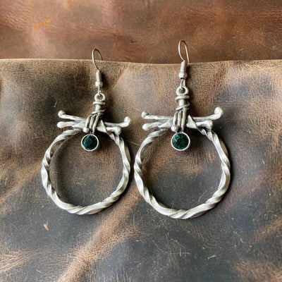 Vintage Boho Gothic Silver Twisted Hoop Statement Earrings with Dark Green Zircon