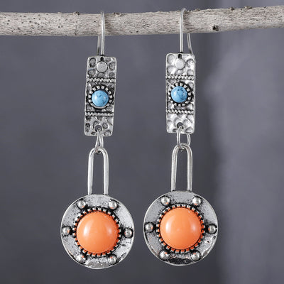 Vintage Round Shape Hammer Pattern Turquoise Inlaid Dangle Earrings