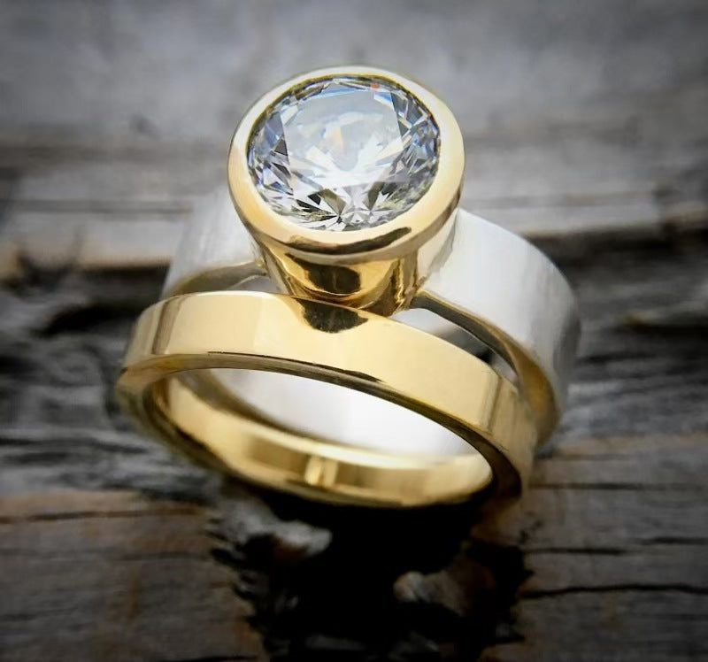 Wide Sided Dual Tone Zircon Inlaid Ring