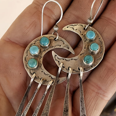 Boho Silvery Moon-Shaped Earrings with Synthetic Faux Gemstones and Tassel Pendant