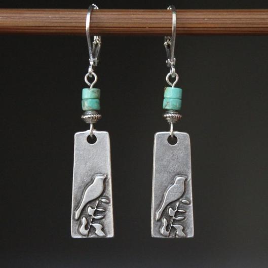 Vintage Turquoise Silver Boho Bird Earrings
