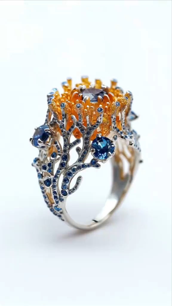 Exquisite Coral - Inspired Sterling Silver Ring with Sapphire and Citrine Accents