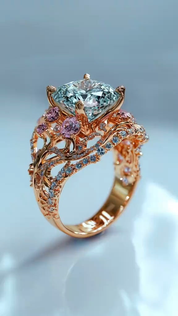 Elegant Rose Gold Ring with Aquamarine Center Stone and Pink Gemstone Accents