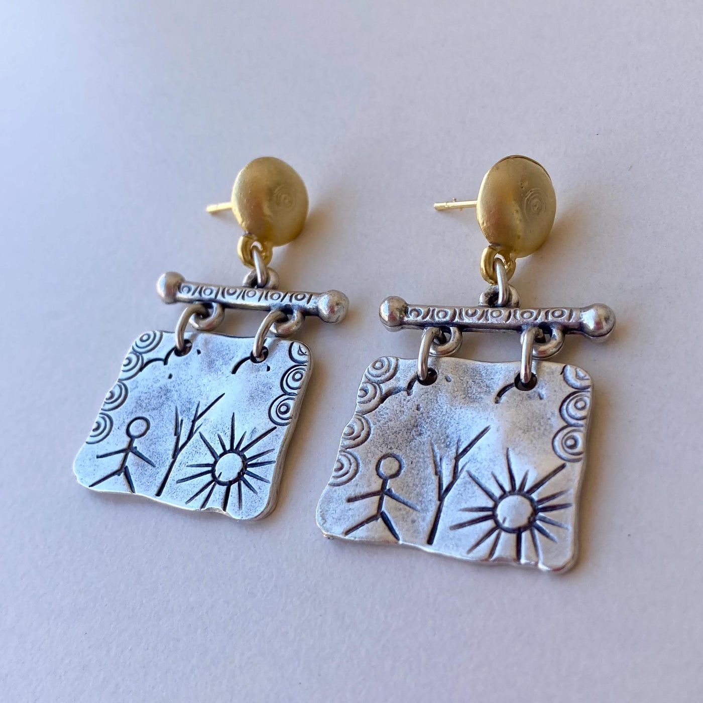 Ancient Petroglyph Pattern Shamanic Boho Dangle Earrings