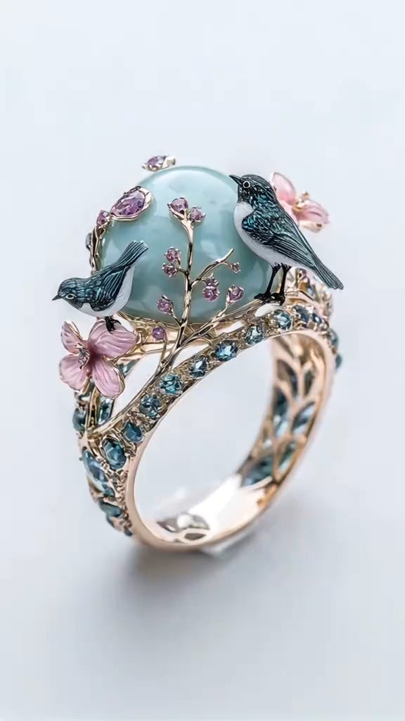 Charming Bird - and - Blossom - Inspired 18K Gold Ring with Aquamarine Centerpiece