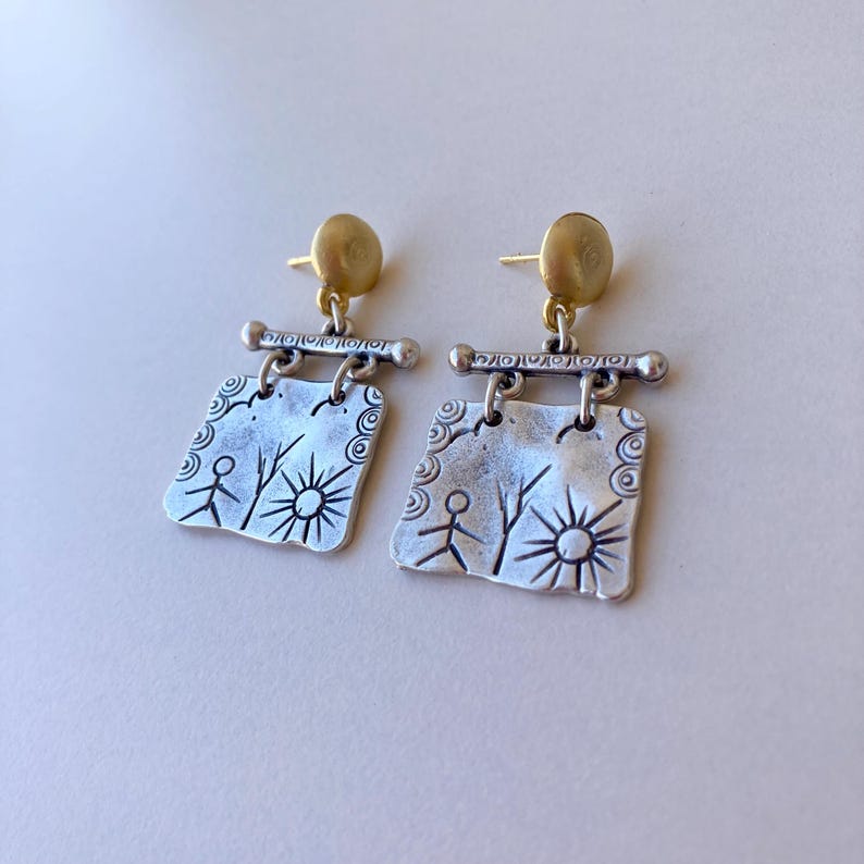 Ancient Petroglyph Pattern Shamanic Boho Dangle Earrings