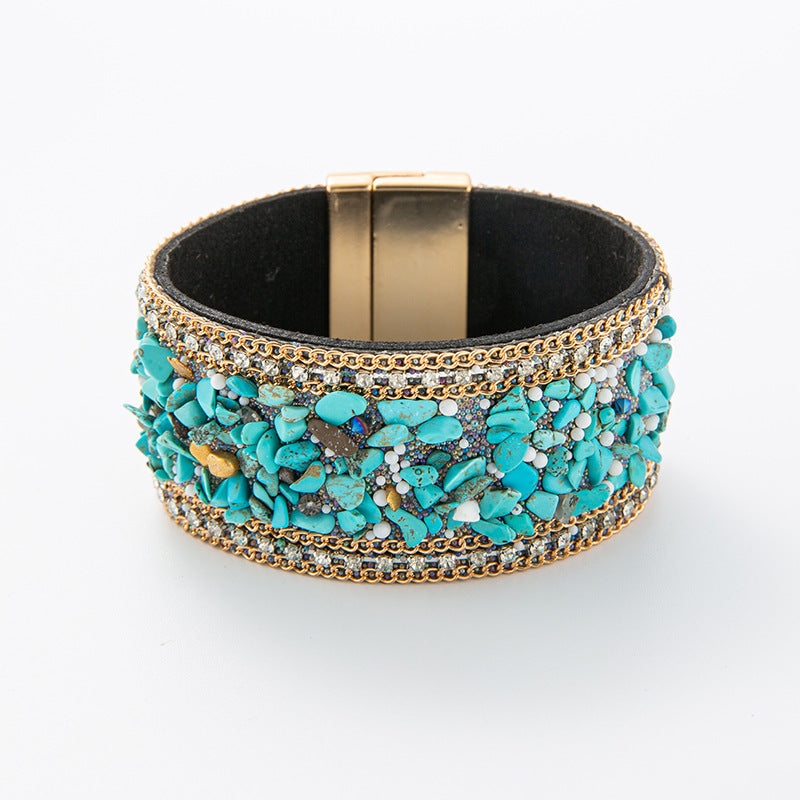 Crushed Stone Rice Bead Leather Bracelet